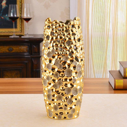 Festival long design vase in golden ceramic - vue 3 sur 4