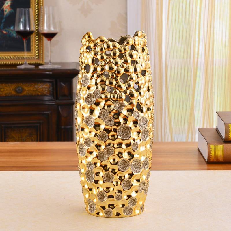 Festival long design vase in golden ceramic - vue 3 sur 4