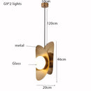 Double-sided gently curved gold metal pendant light