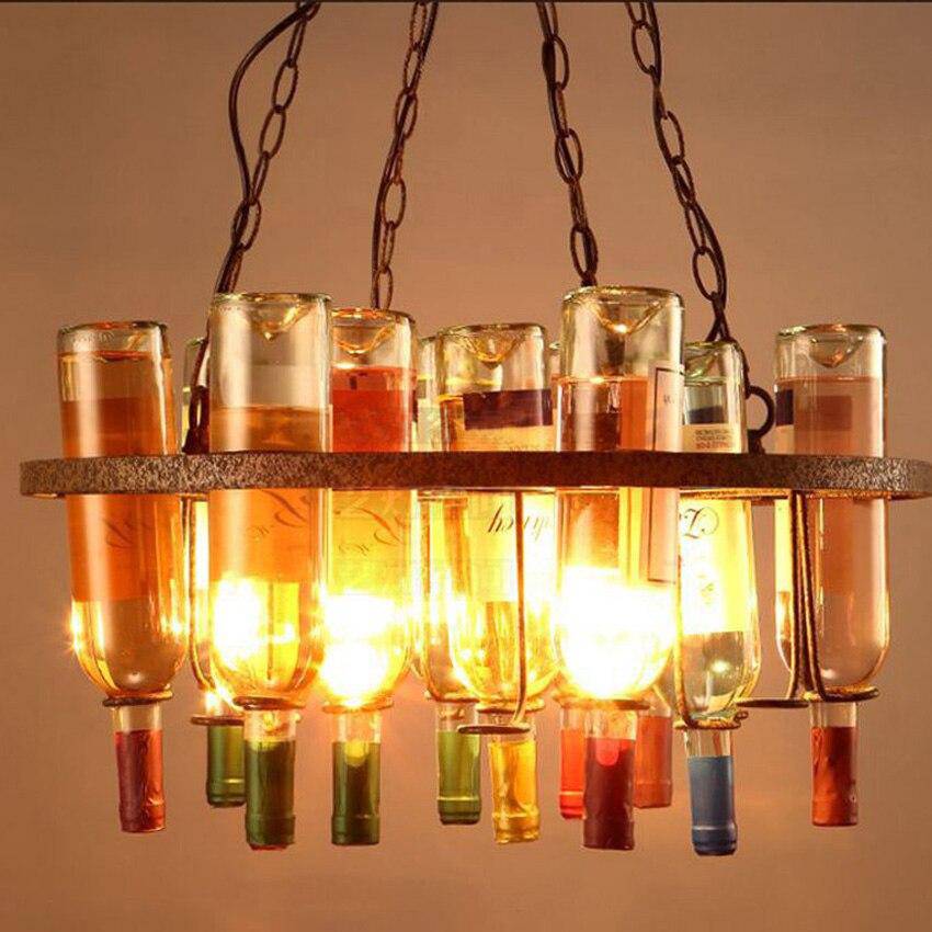 Retro rustic metal chandelier with coloured glass bottles 60x32cm - vue 4 sur 5