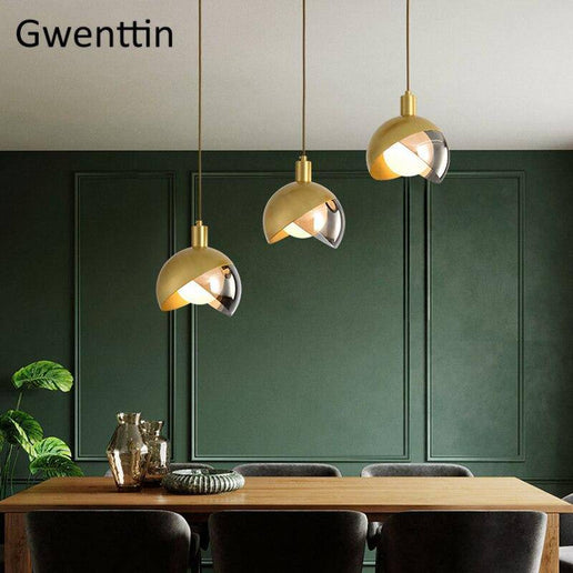 Designer LED pendant light with spherical lampshade in gold metal Loft