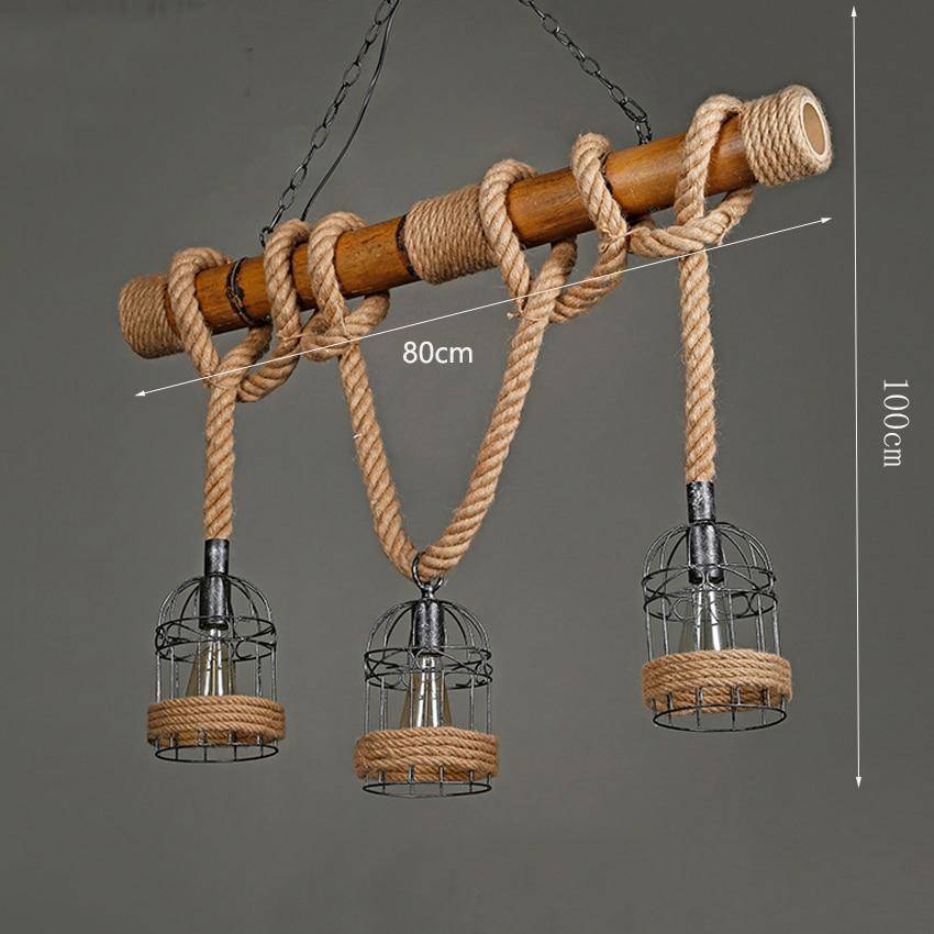 Rustic wooden LED pendant light with rope and multiple retro style metal cages - vue 7 sur 7