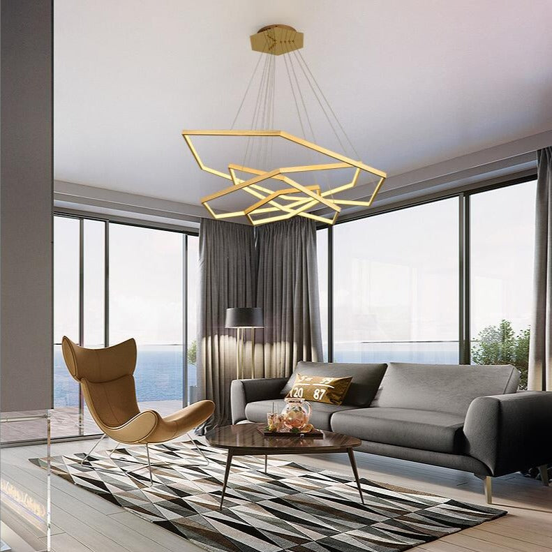 Designer LED chandelier with gold geometric rings luxury