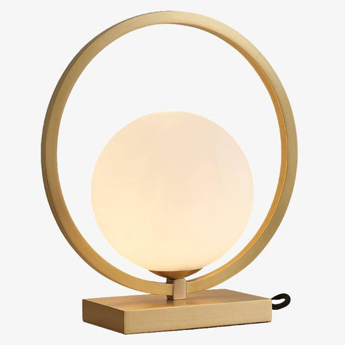 Designer LED table lamp with gold circle and glass globe - vue 2 sur 5