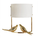 Designer LED wall light with two golden birds and white lampshade