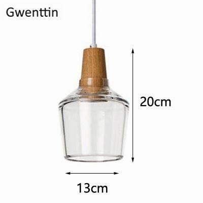 Designer wooden LED pendant light with rounded glass shade nordic