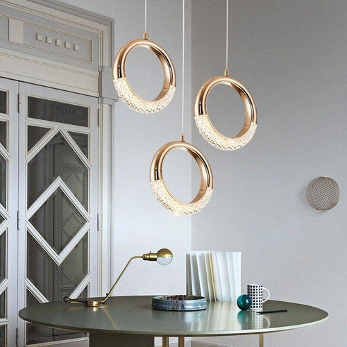 Designer LED pendant with gold ring, ring light style - vue 2 sur 3