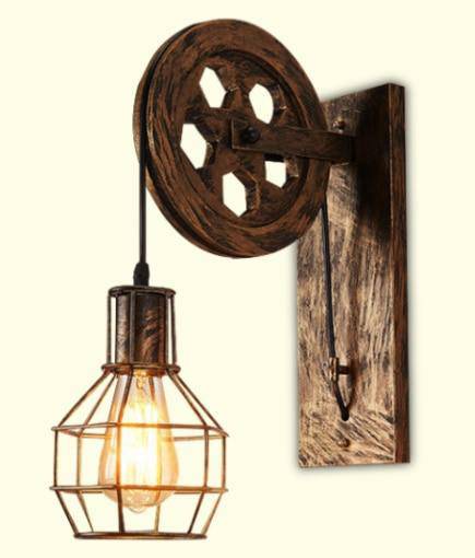 Rustic pulley wall light with industrial cage - vue 5 sur 5