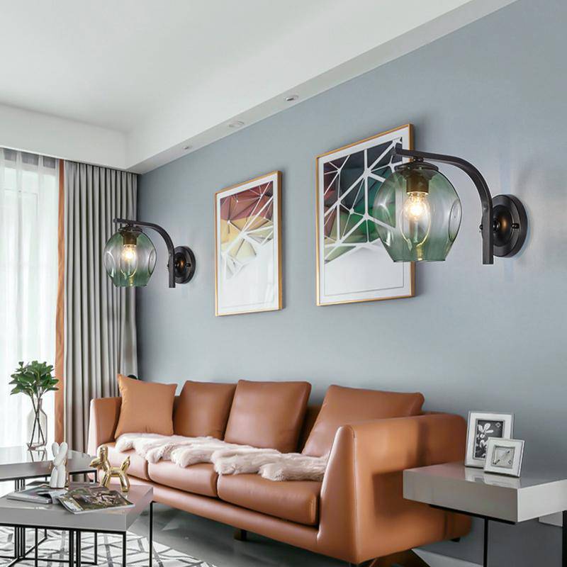 Designer LED wall light in metal with blown glass shade loft