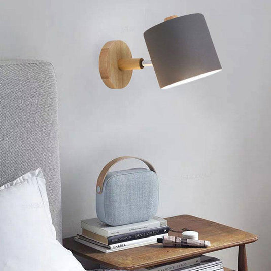Modern LED wooden wall light with coloured round shade nordic style