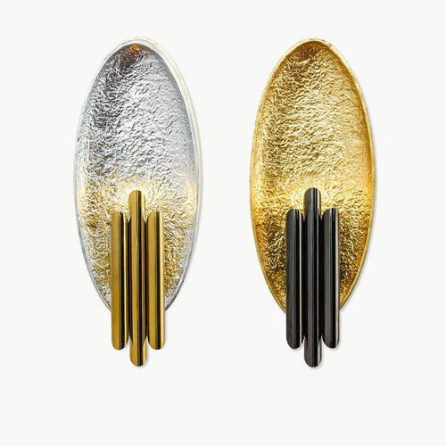 Designer LED wall light with metal tile and gold tube - vue 7 sur 8