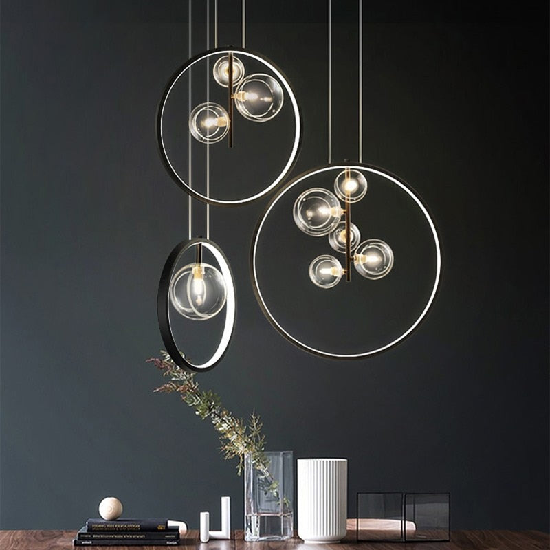 Modern LED pendant light with ring and Cala glass bubbles - vue 5 sur 7