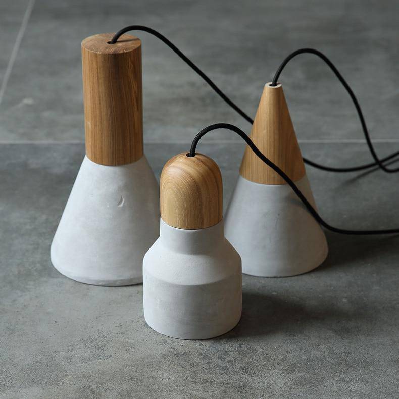 Designer wood and concrete pendant light in multiple shapes studio