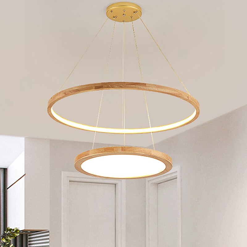 Scandinavian chandelier with 2 wooden LED rings Arya