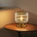 Cylindrical table lamp in coloured glass with gold base Quinn