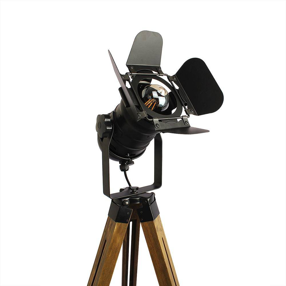 Adjustable projector floor lamp on wooden base