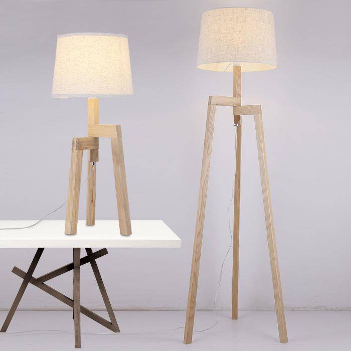 Modern Wood wooden floor lamp on 3 legs with fabric lampshade - vue 2 sur 4