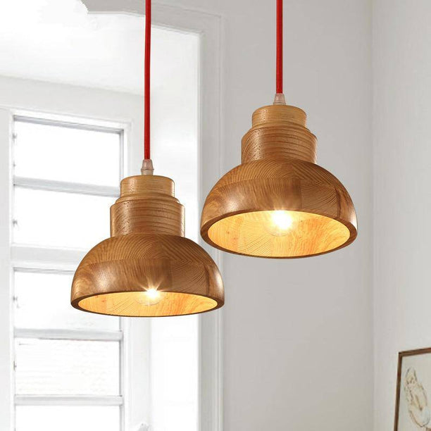 Modern wooden LED pendant light with rounded craft lampshade