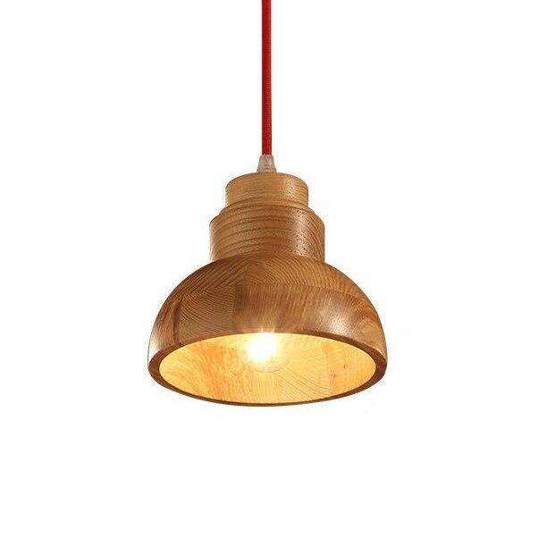 Modern wooden LED pendant light with rounded craft lampshade - vue 5 sur 6