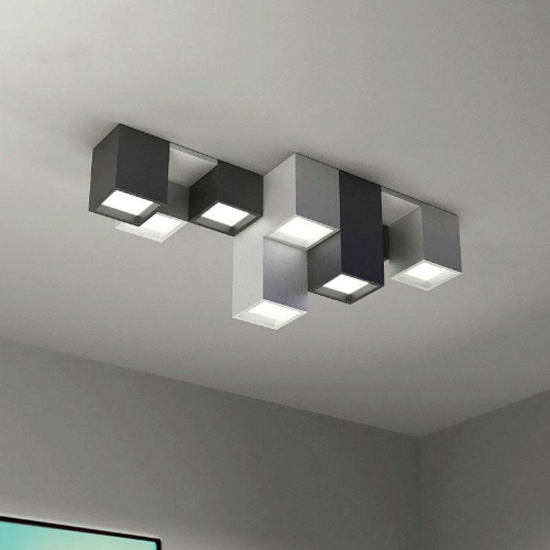Geometric LED ceiling light with black and white rectangular tubes - vue 4 sur 6