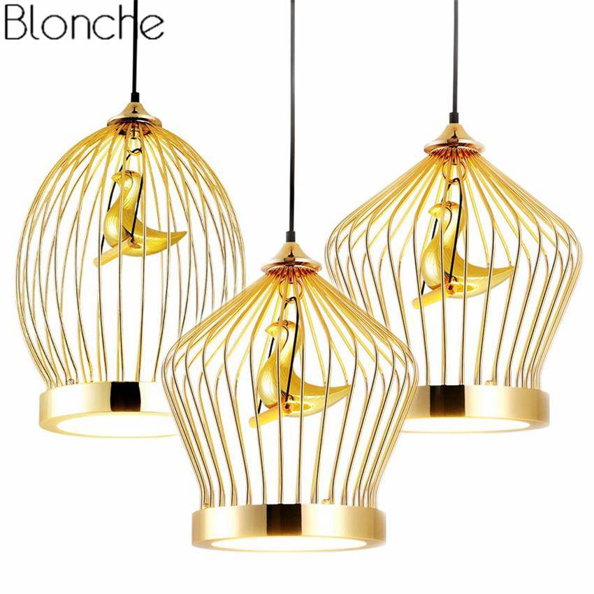 Gold LED pendant light with caged bird - vue 3 sur 7