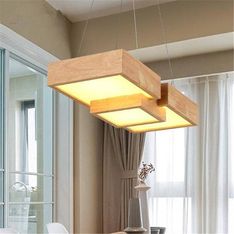 Japanese style wooden square LED chandelier - vue 3 sur 9