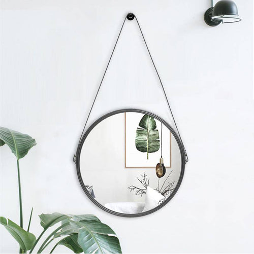 Leather Round Black Hanging Wall Mirror - vue 3 sur 5