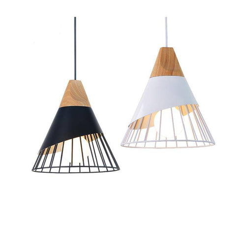 Suspension conique cage en métal et support en bois - vue 3 sur 10