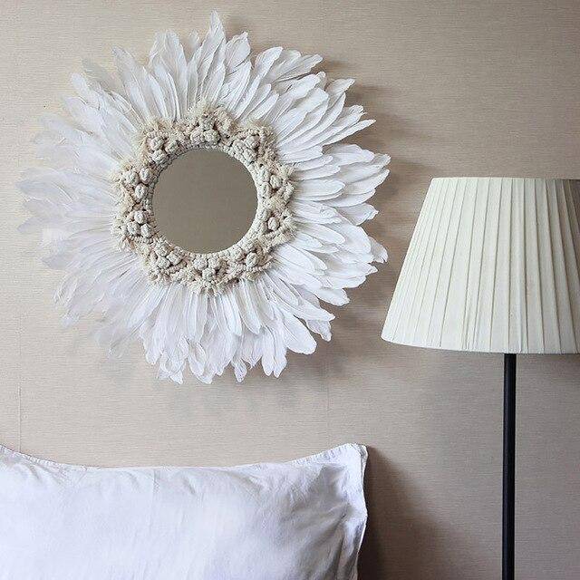 Modern White Feather Round Decorative Wall Mirror