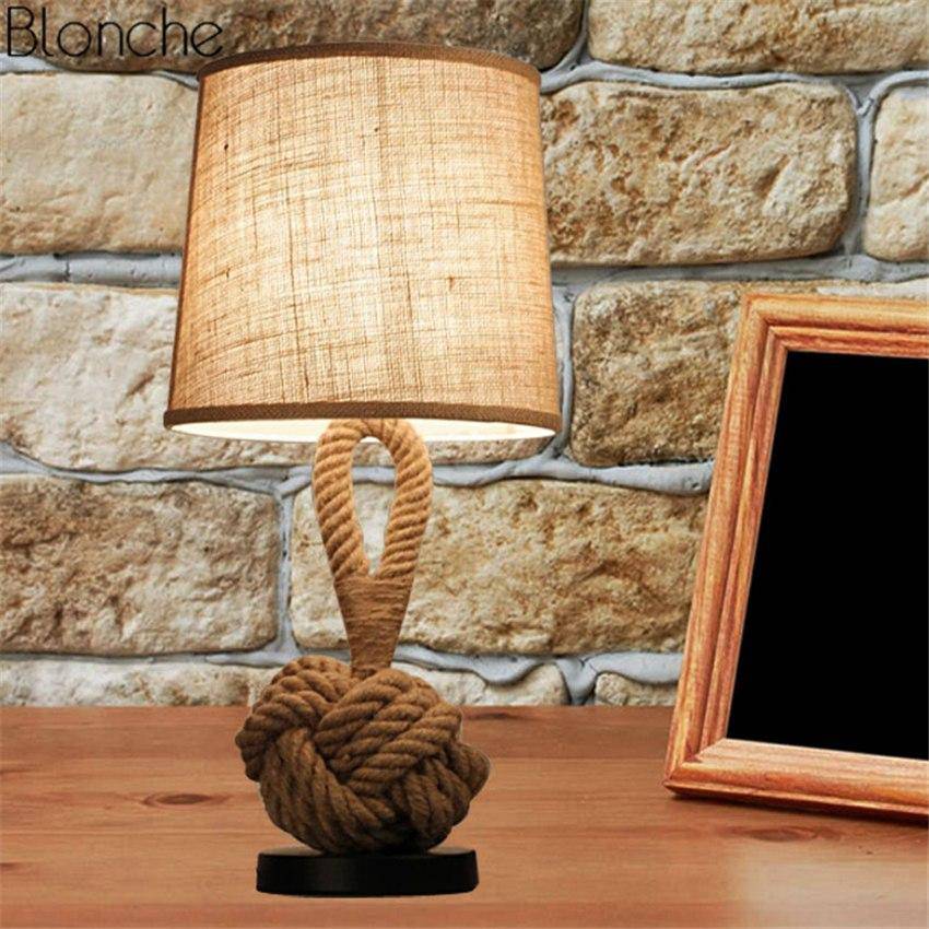 Bedside lamp with fabric shade and rope base - vue 5 sur 5
