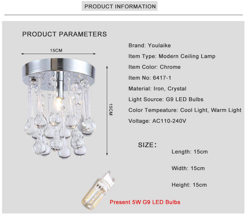 Chrome LED ceiling light with crystal droplets - vue 5 sur 7