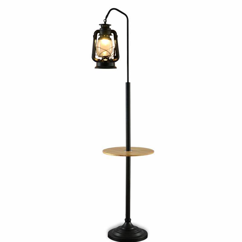 Retro LED floor lamp with table and vintage kerosene-style lantern