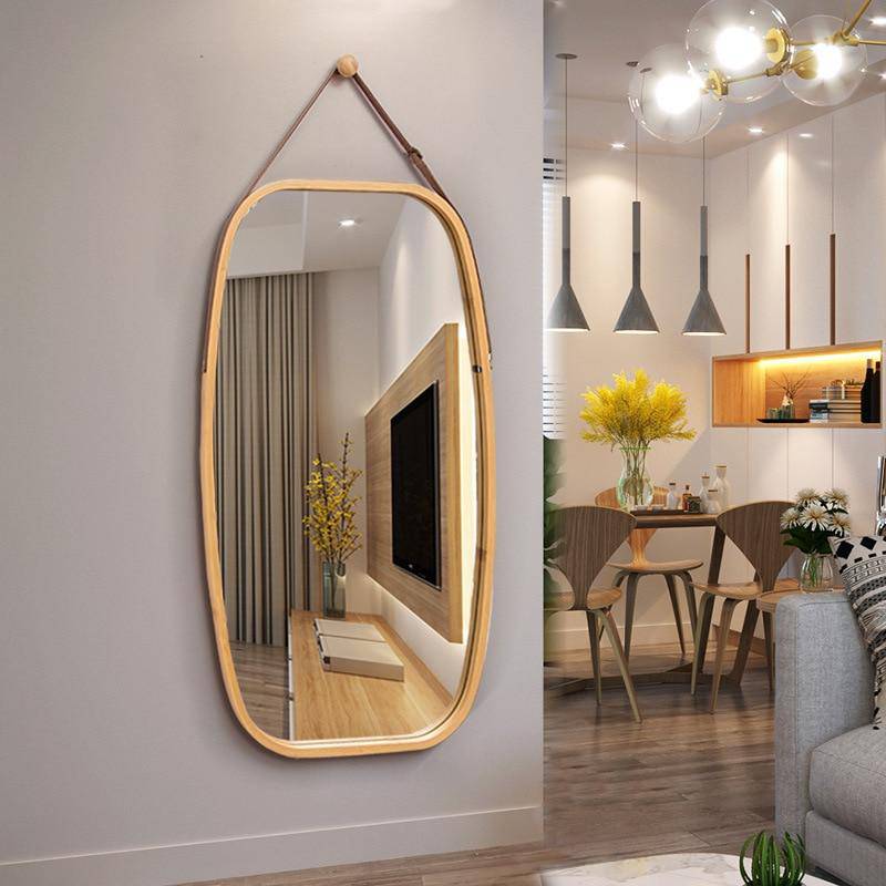 Wear rounded rectangle hanging wall mirror with brown edges