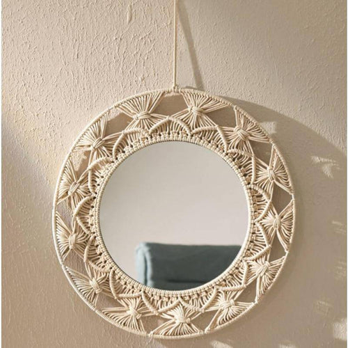 Round decorative wall mirror in Macrame fabric - vue 3 sur 8