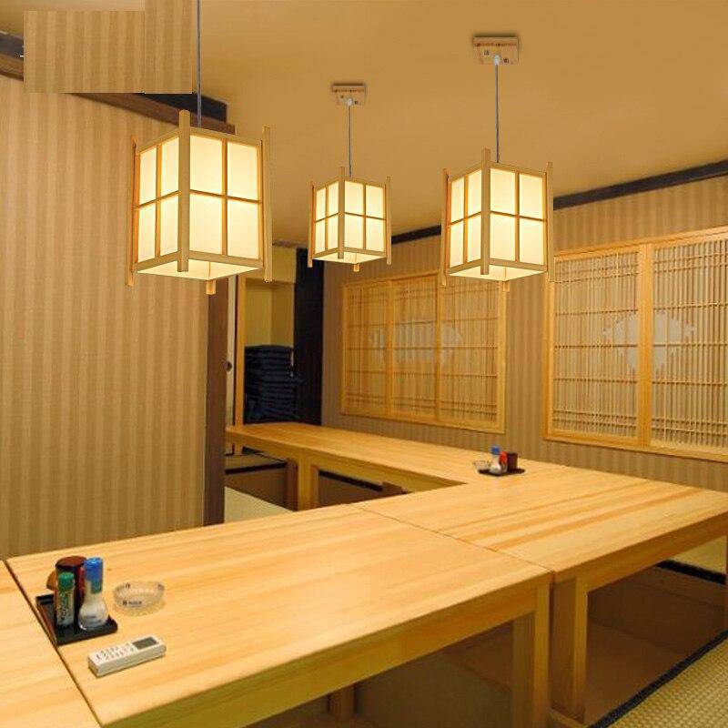 Rustic wooden LED pendant light in Japanese lantern style