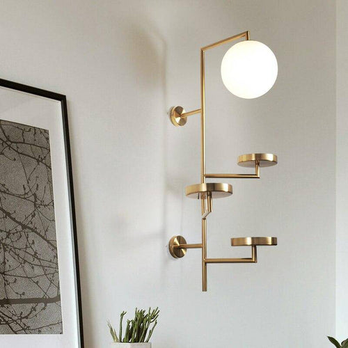 Modern LED wall light with multiple gold discs and glass sphere - vue 2 sur 6