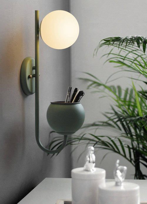 Designer LED wall light with glass pot and ball - vue 2 sur 5